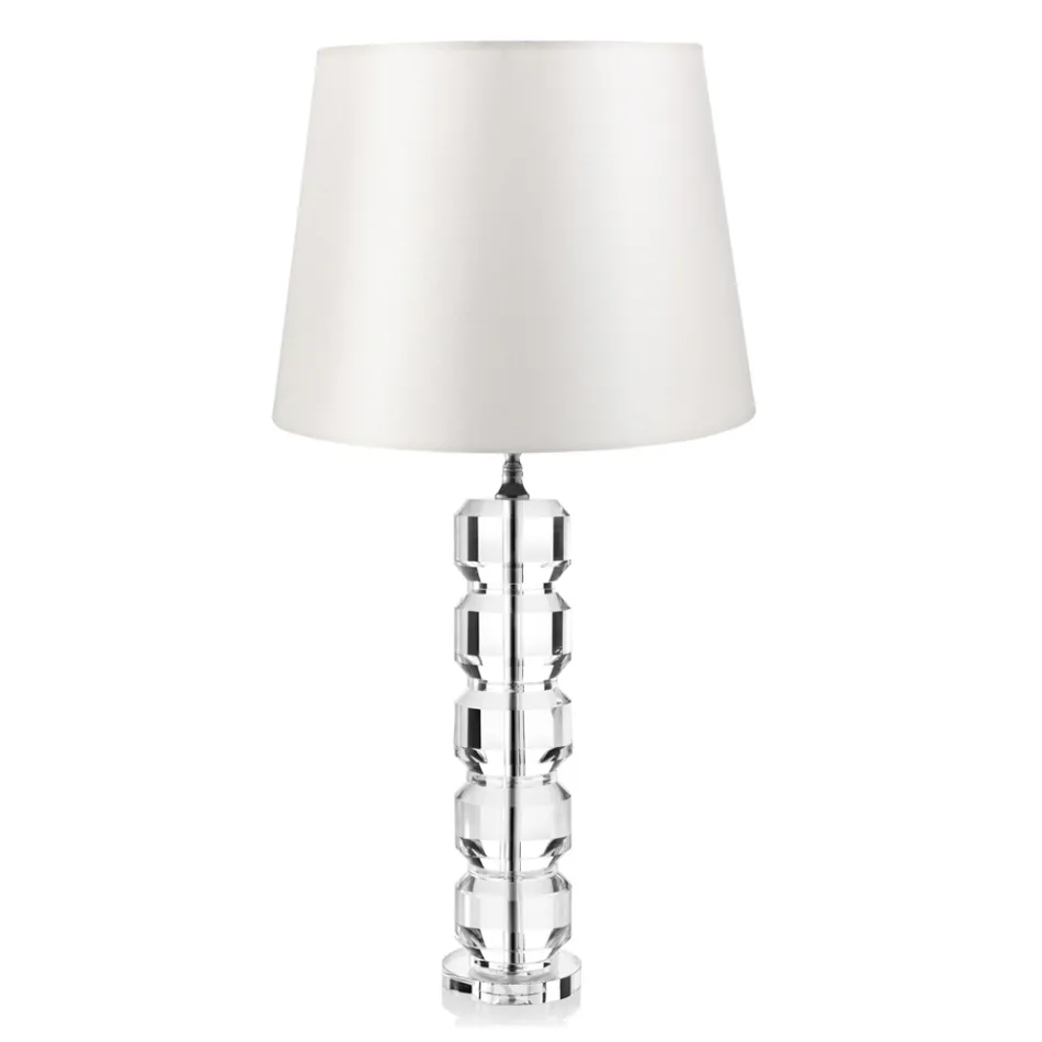 Lampada da Appoggio Base in Cristallo e Paralume Cilindrico in Tessuto - Crocca Viadurini