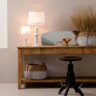 Lampada da Tavolo in Ceramica Bianca e Paralume in Lino 2 Dimensioni - Cadabra Viadurini