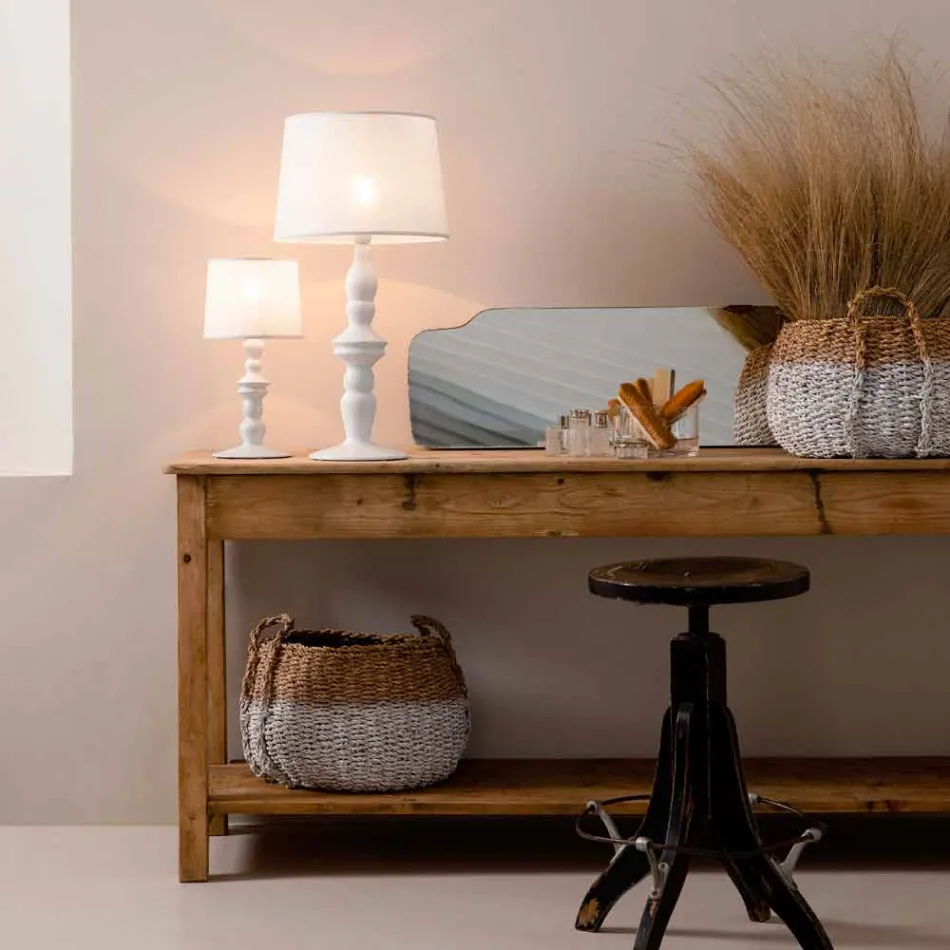 Lampada da Tavolo in Ceramica Bianca e Paralume in Lino 2 Dimensioni - Cadabra Viadurini