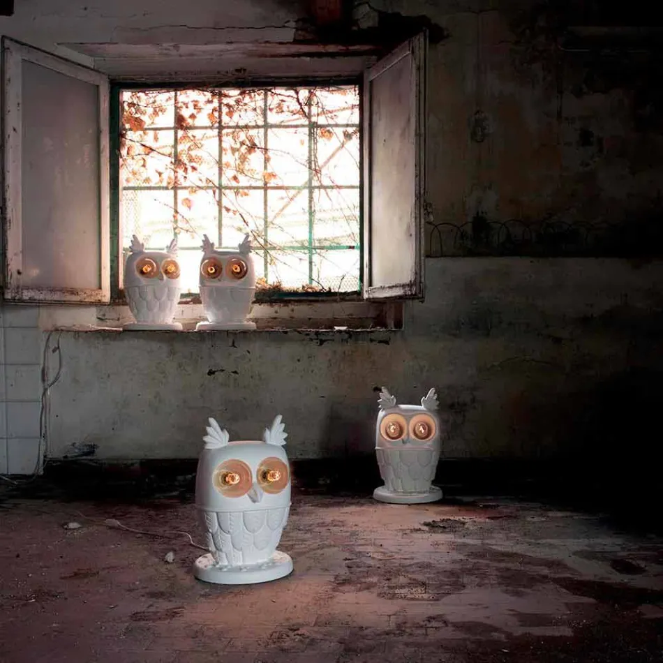 Lampada da Tavolo in Ceramica Bianca Opaca 2 Luci Design Moderno Civetta - Gufo Viadurini