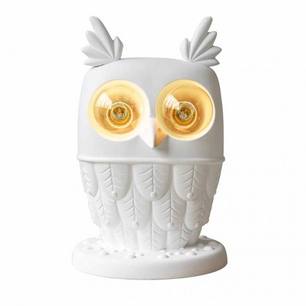 Lampada da Tavolo in Ceramica Bianca Opaca 2 Luci Design Moderno Civetta - Gufo Viadurini