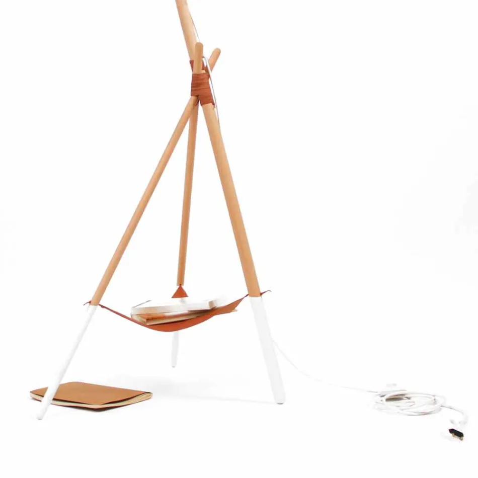 Lampada da Terra in Legno e Metallo con Dettagli in Pelle Vegana - Avetta Viadurini