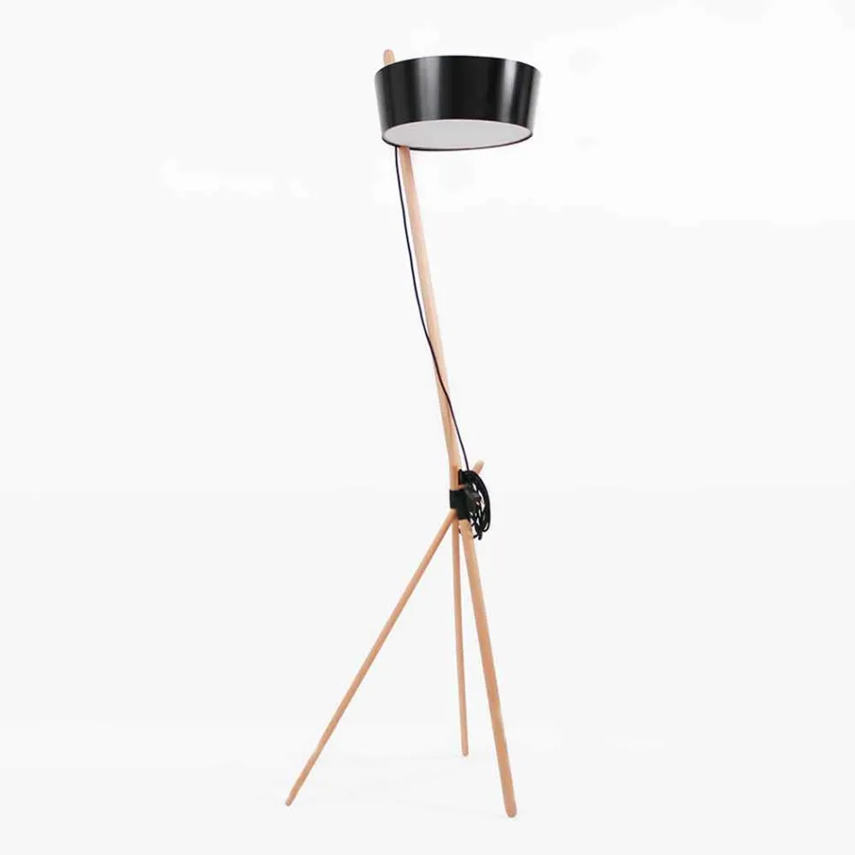 Lampada da Terra in Legno e Metallo con Dettagli in Pelle Vegana - Avetta Viadurini