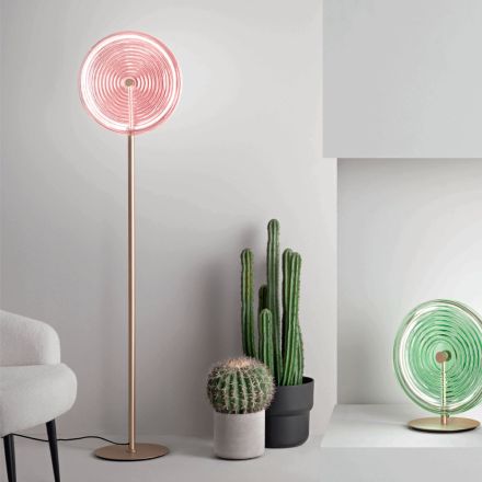 Lampada da Terra in Metallo e Vetro Decorato a Righe Concentriche - Bagolaro Viadurini