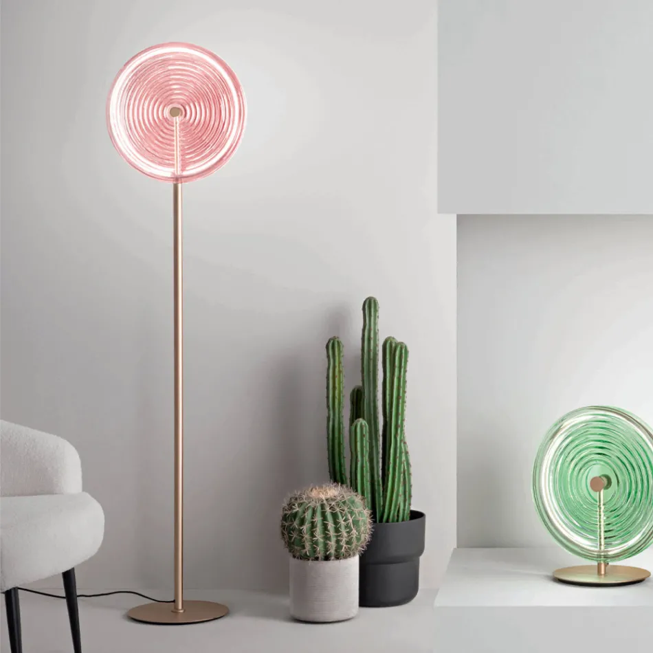 Lampada da Terra in Metallo e Vetro Decorato a Righe Concentriche - Bagolaro Viadurini