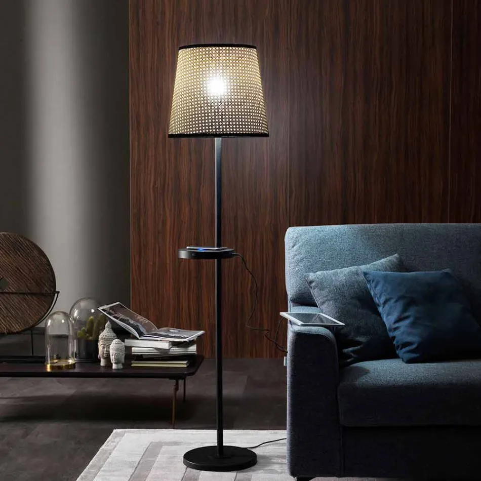 Lampada da Terra in Metallo Nero e Rattan con Mensola Made in Italy - Livia Viadurini