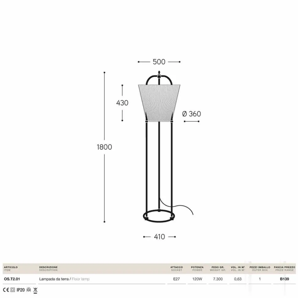 Lampada da terra Tenarunga, in ottone anticato, 1 luce Viadurini