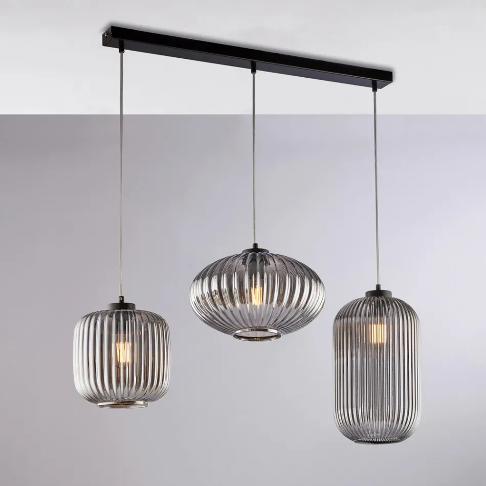 Lampada di Design in Metallo in Vetro Nero 3 Luci per - Tucana Viadurini