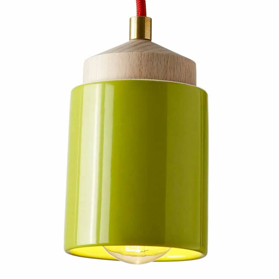 Lampada in legno di faggio e ceramica sospesa fatta in Italia Asia Viadurini