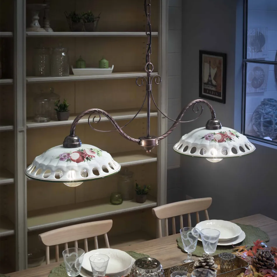 Lampada Sospesa 2 Luci in Ceramica Fatta a Mano con Passanastri - Napoli Viadurini