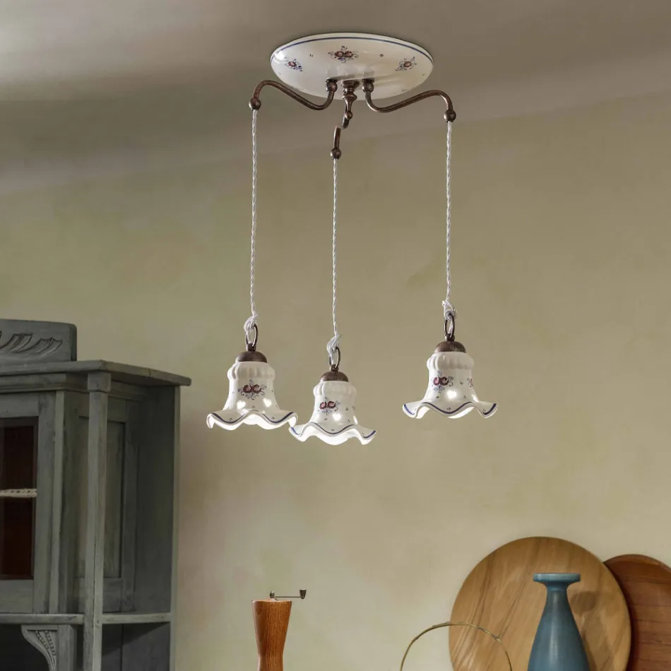 Lampada Sospesa 3 Luci in Ferro e Ceramica Dipinta a Mano Vintage - Chieti Viadurini