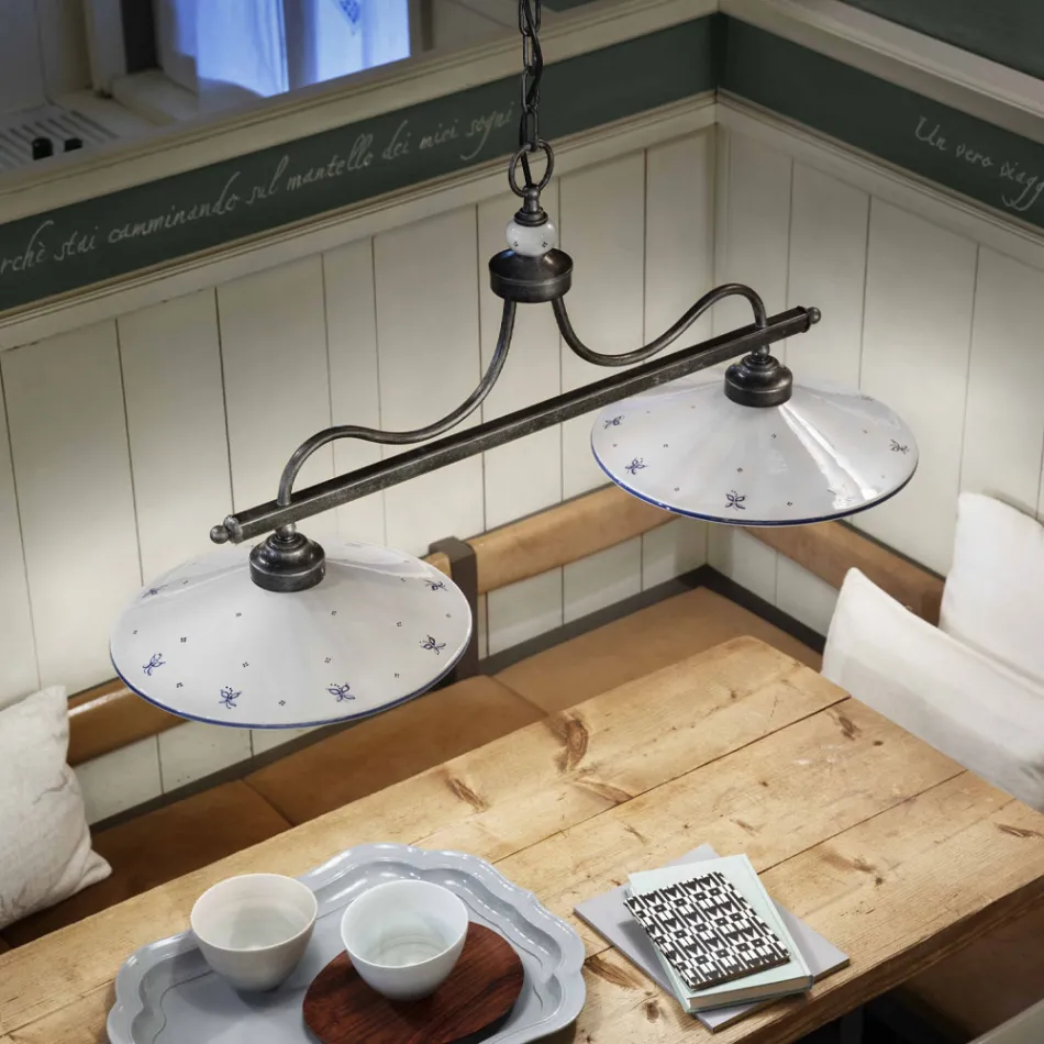 Lampada Sospesa a 2 Luci in Ceramica Dipinta a Mano e Ferro Design - Asti Viadurini