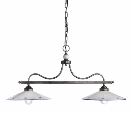 Lampada Sospesa a 2 Luci in Ceramica Dipinta a Mano e Ferro Design - Asti Viadurini