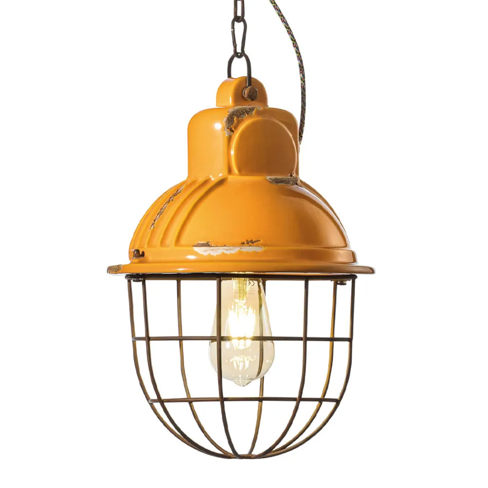 Lampada Sospesa Artigianale in Ferro e Ceramica con Griglia - Industrial Viadurini