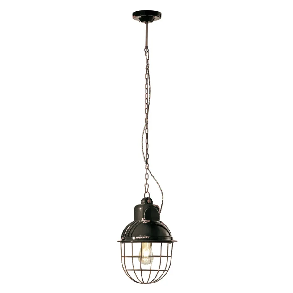 Lampada Sospesa Artigianale in Ferro e Ceramica con Griglia - Industrial Viadurini
