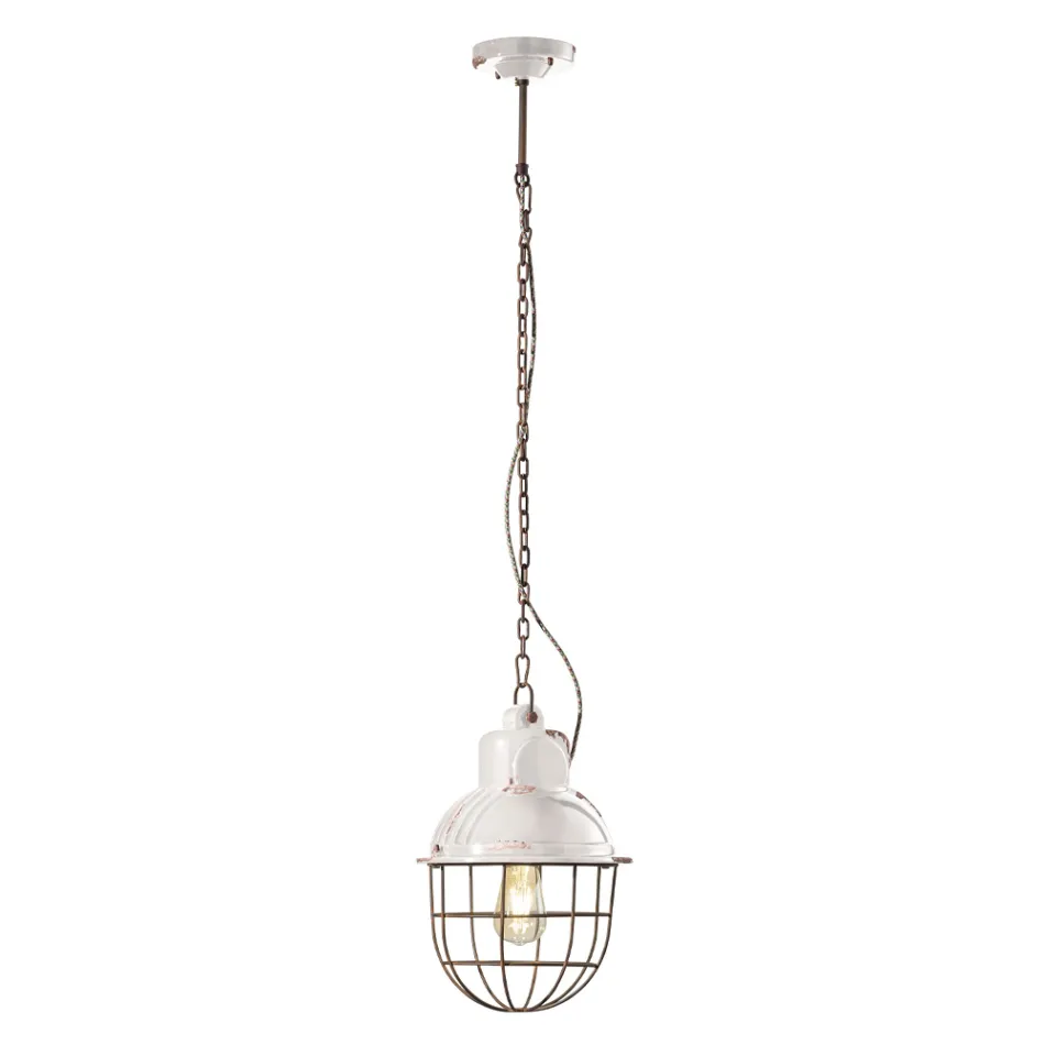 Lampada Sospesa Artigianale in Ferro e Ceramica con Griglia - Industrial Viadurini