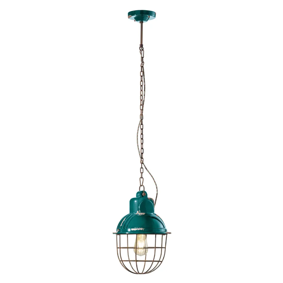 Lampada Sospesa Artigianale in Ferro e Ceramica con Griglia - Industrial Viadurini