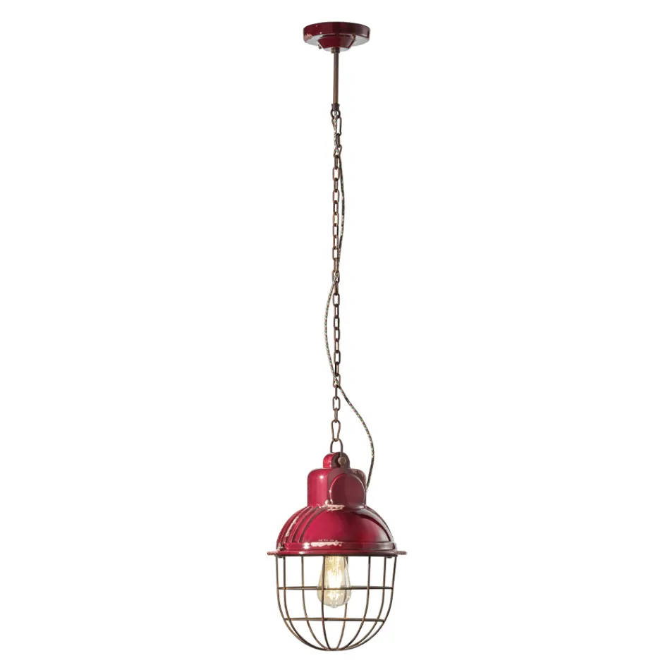 Lampada Sospesa Artigianale in Ferro e Ceramica con Griglia - Industrial Viadurini