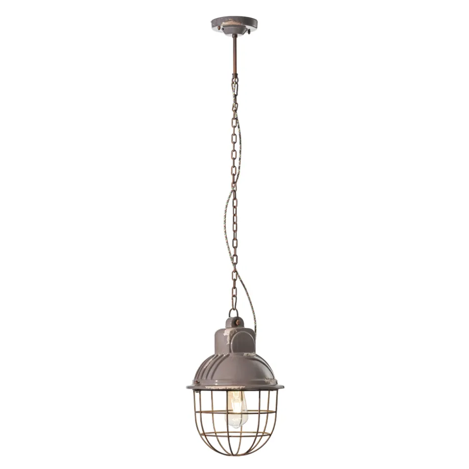 Lampada Sospesa Artigianale in Ferro e Ceramica con Griglia - Industrial Viadurini