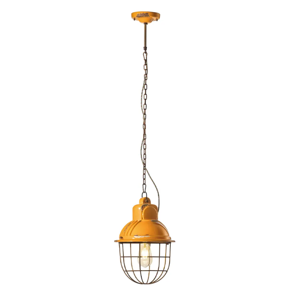 Lampada Sospesa Artigianale in Ferro e Ceramica con Griglia - Industrial Viadurini