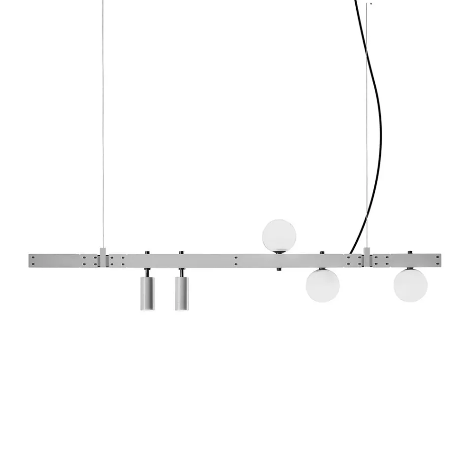 Lampada Sospesa Design Alluminio Bianco con Sfere Vetro e Faretti - Esodo Viadurini