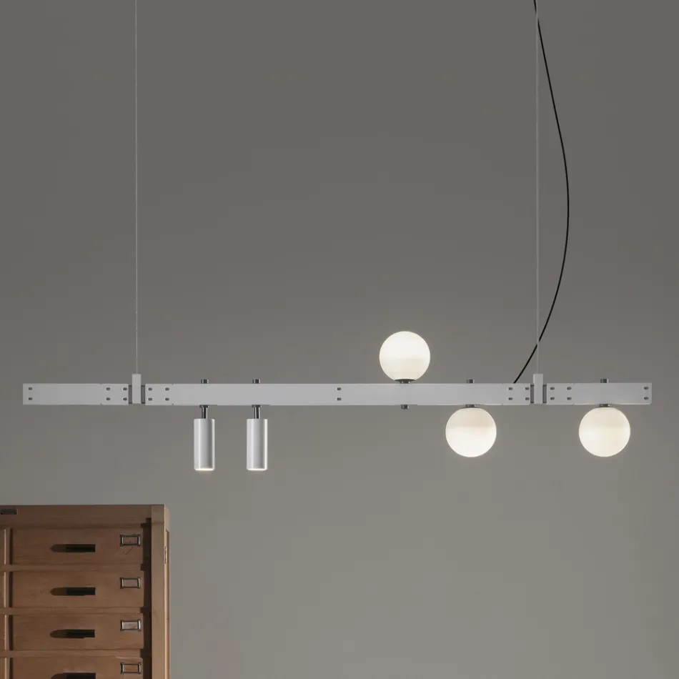 Lampada Sospesa Design Alluminio Bianco con Sfere Vetro e Faretti - Esodo Viadurini