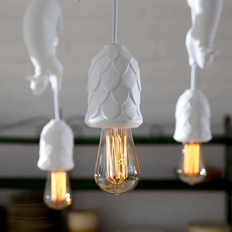 Lampada Sospesa in Ceramica Bianca Opaca con Scoiattolo e Ghianda - Scoiattolo Viadurini