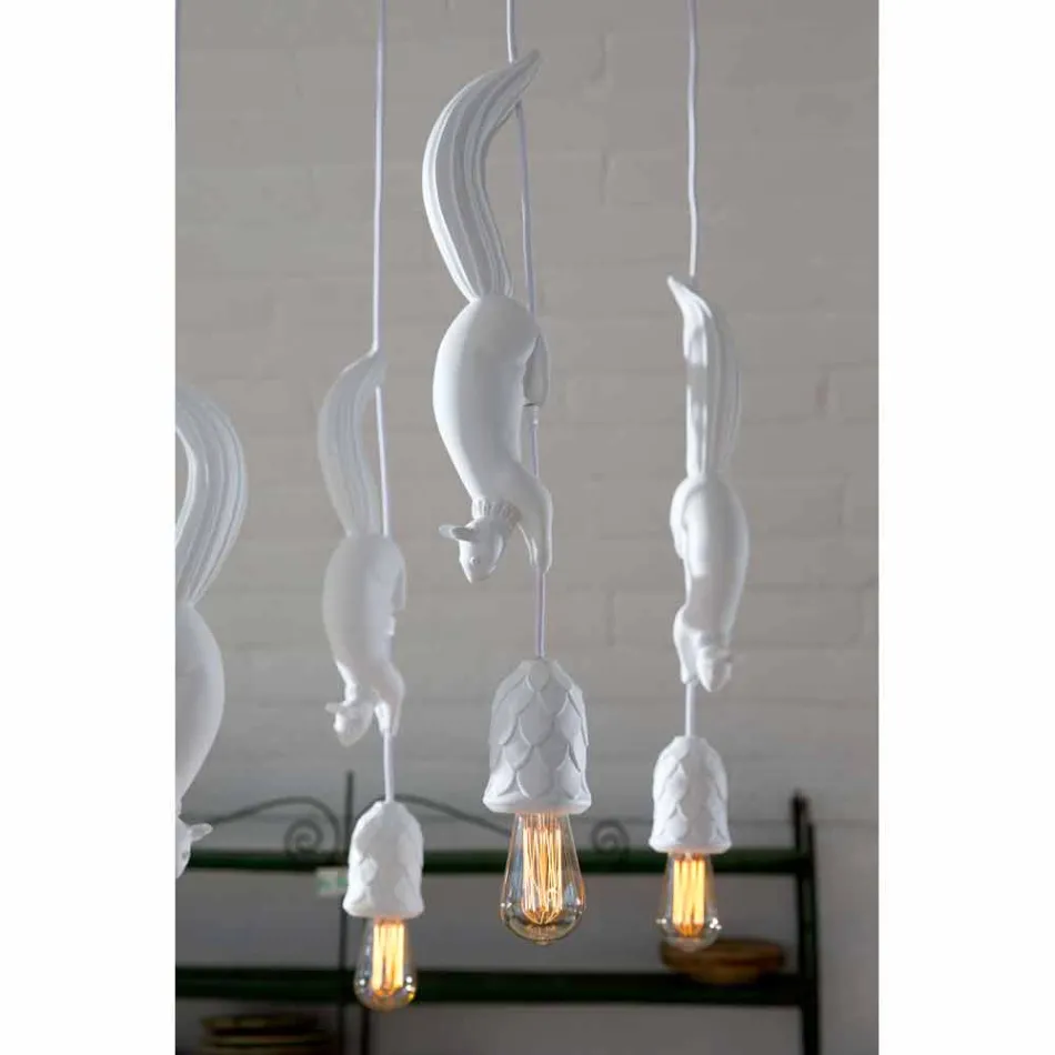 Lampada Sospesa in Ceramica Bianca Opaca con Scoiattolo e Ghianda - Scoiattolo Viadurini
