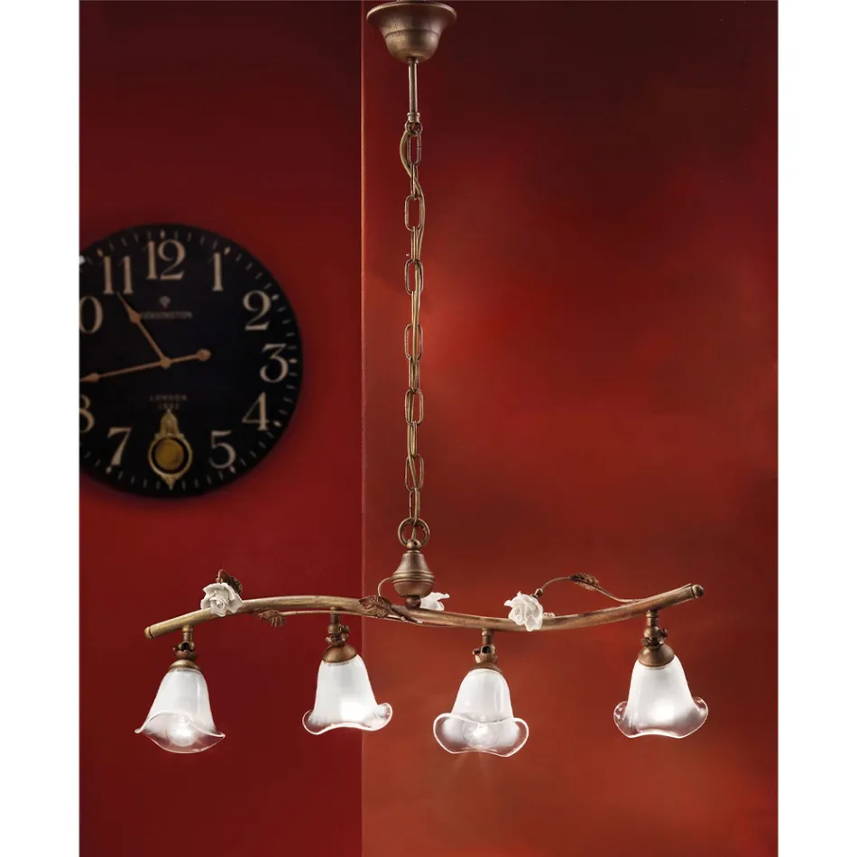 Lampada Sospesa Lineare 4 Luci in Ferro, Vetro e Rose di Ceramica - Siena Viadurini