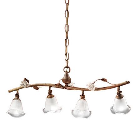 Lampada Sospesa Lineare 4 Luci in Ferro, Vetro e Rose di Ceramica - Siena Viadurini