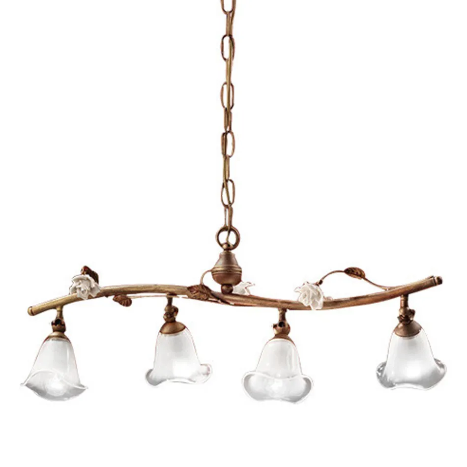 Lampada Sospesa Lineare 4 Luci in Ferro, Vetro e Rose di Ceramica - Siena Viadurini