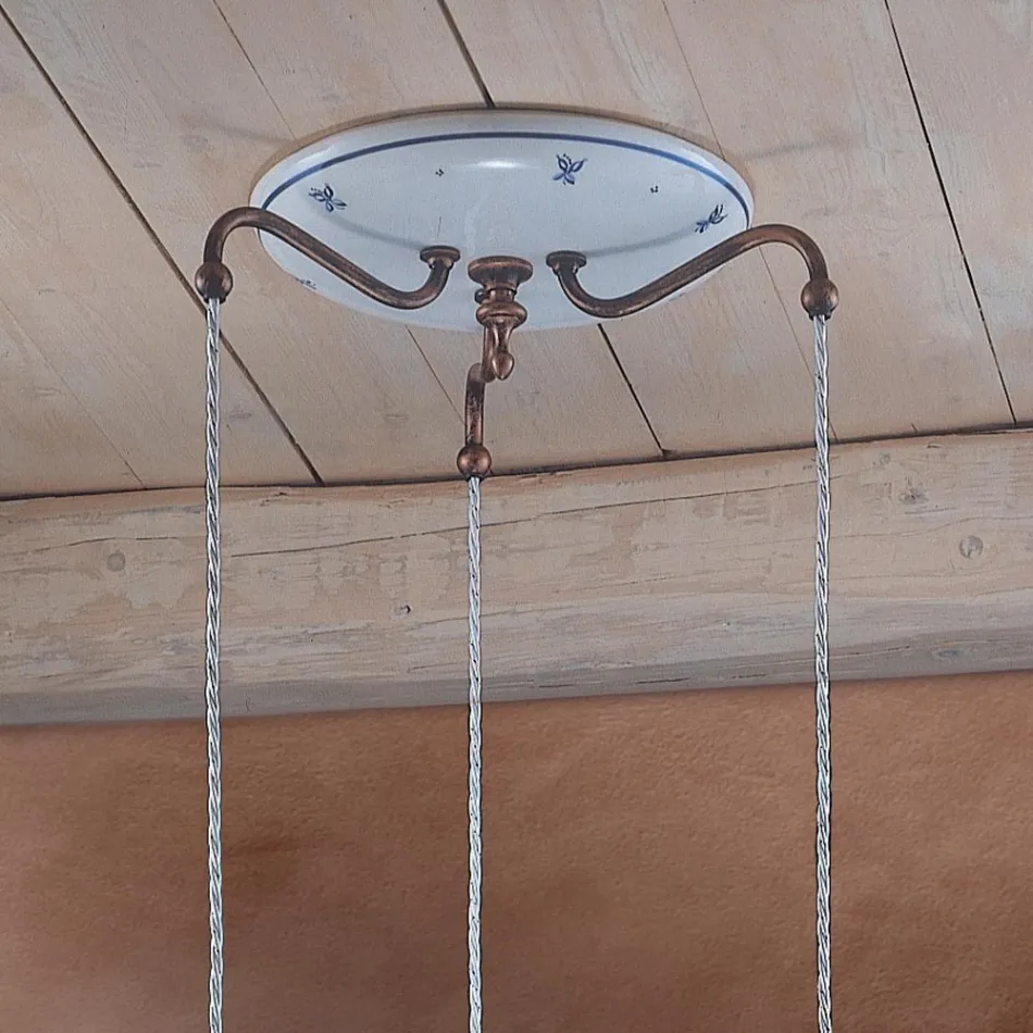 Lampada Sospesa Tonda in Ferro, Vetro, Ceramica Dipinta a Mano - Ferrara Viadurini