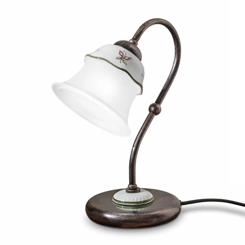 Lampada Tavolo in Ferro, Vetro e Ceramica Dipinta a Mano Vintage - Ferrara Viadurini