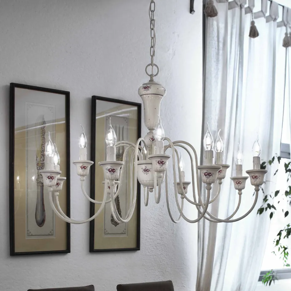 Lampadario 12 Luci Artigianale Ceramica Dipinta a Mano e Ottone - Sanremo Viadurini