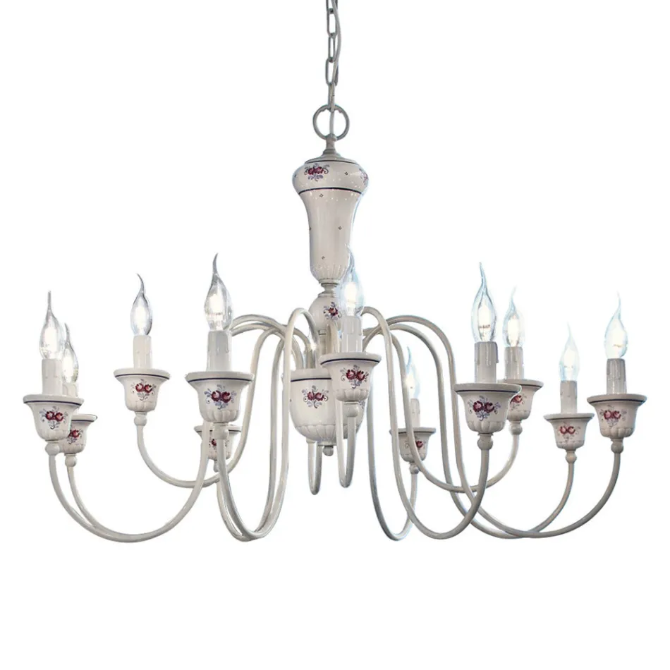 Lampadario 12 Luci Artigianale Ceramica Dipinta a Mano e Ottone - Sanremo Viadurini