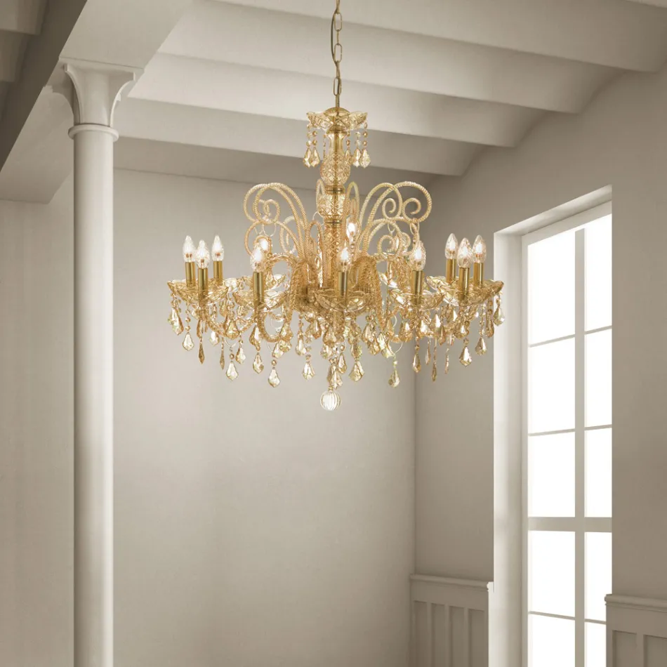 Lampadario 12 Luci Artigianale in Vetro di Venezia e Metallo - Fiorentino Viadurini