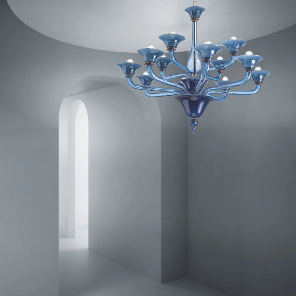 Lampadario 12 Luci Artigianale in Vetro Veneziano Made in Italy - Ismail Viadurini