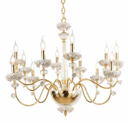 Lampadario 12 Luci Classico in Porcellana e Vetro Soffiato Lusso - Eteria Viadurini