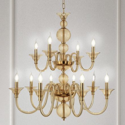 Lampadario 12 Luci Classico in Vetro a Mano Italiano e Metallo - Memore Viadurini