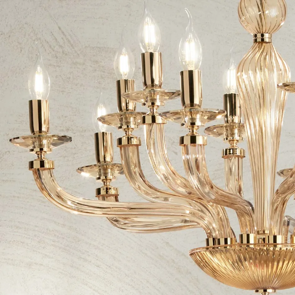 Lampadario 12 Luci Classico in Vetro a Mano Rigaton e Metallo Oro - Fievole Viadurini
