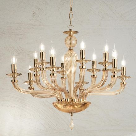 Lampadario 12 Luci Classico in Vetro a Mano Rigaton e Metallo Oro - Fievole Viadurini