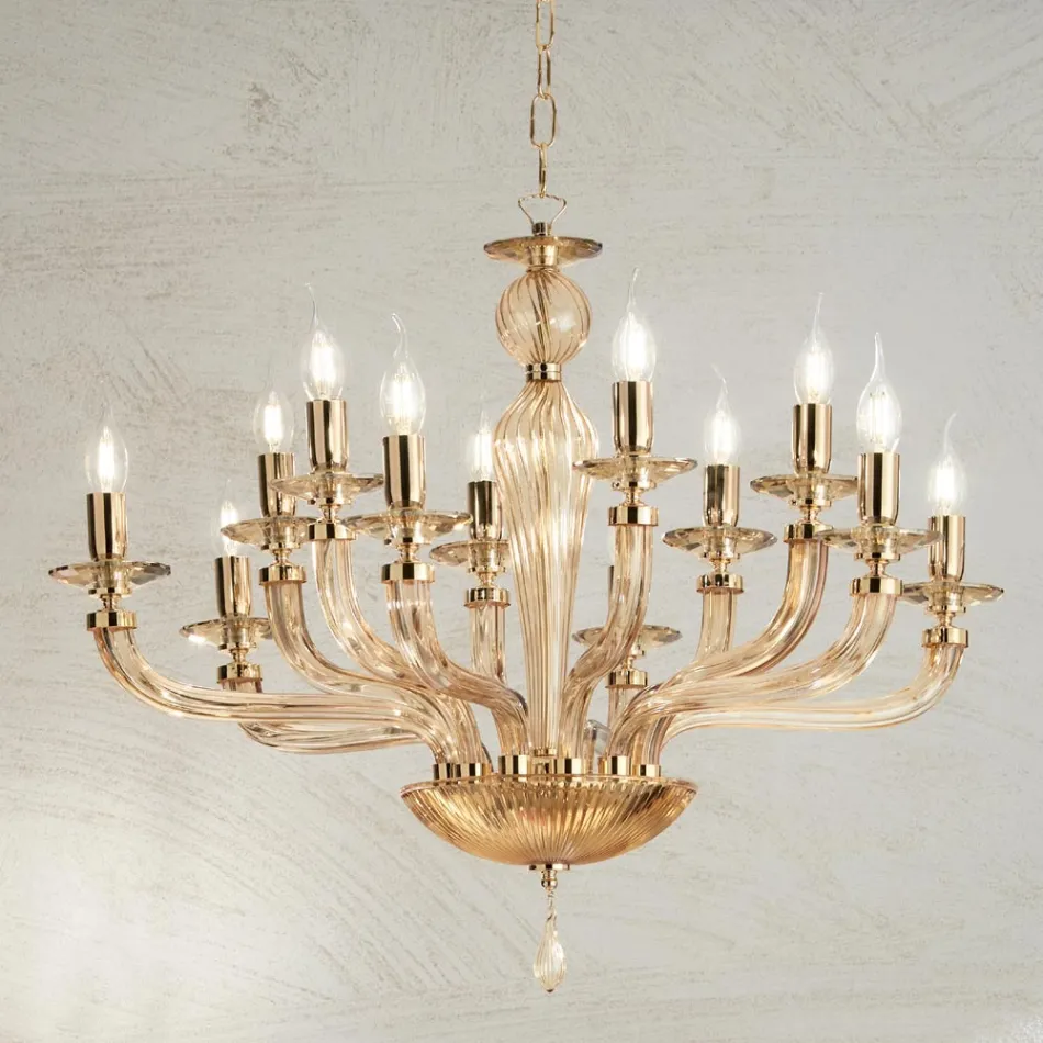 Lampadario 12 Luci Classico in Vetro a Mano Rigaton e Metallo Oro - Fievole Viadurini