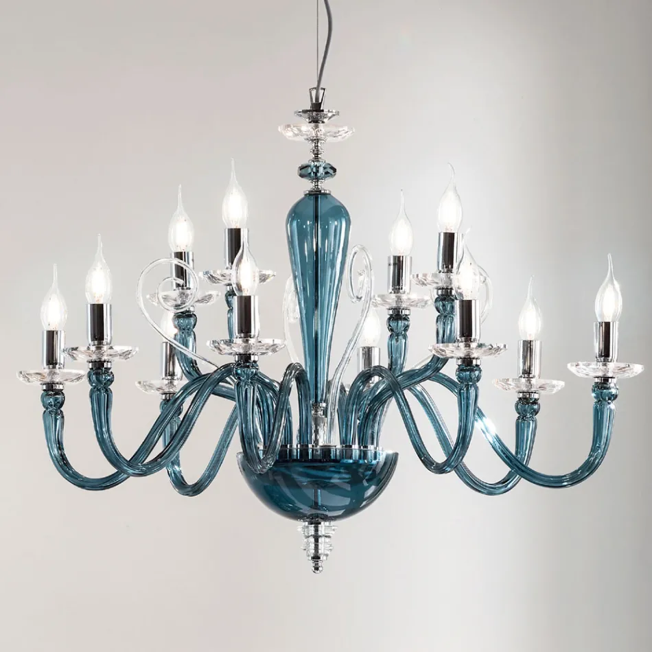 Lampadario 12 Luci Classico in Vetro Fatto a Mano e Cristallo - Mariangela Viadurini