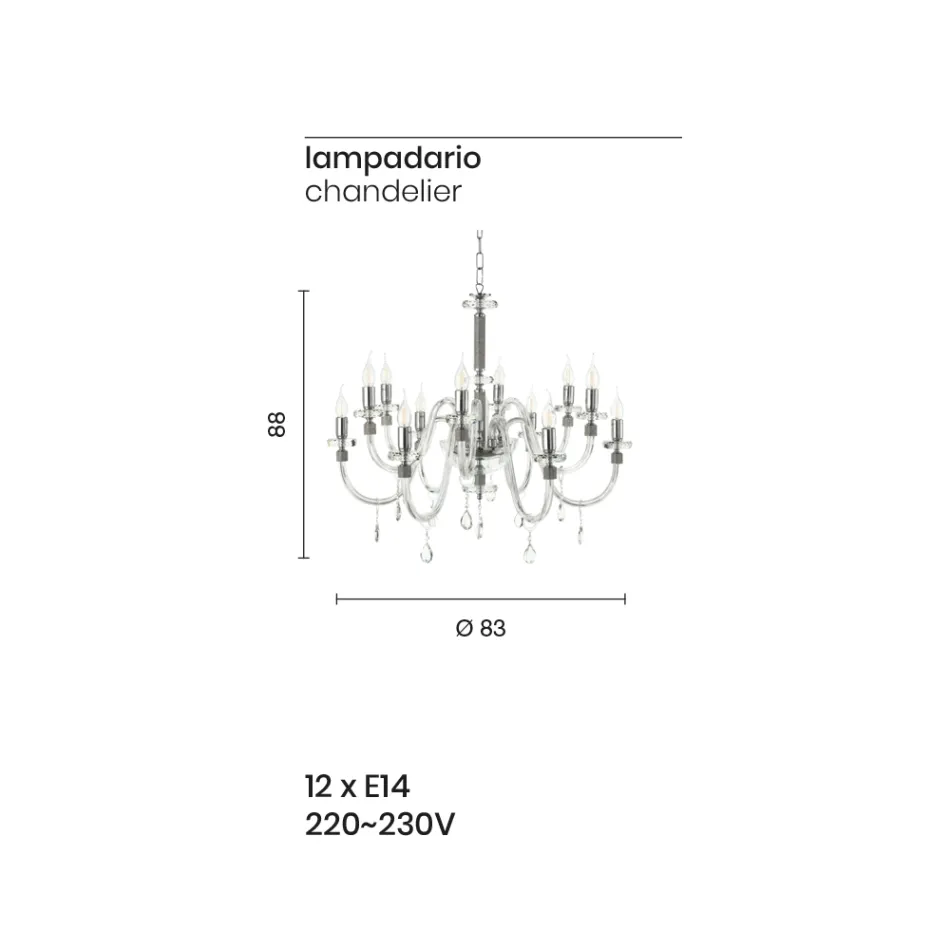 Lampadario 12 Luci Classico in Vetro Italiano Lavorato a Mano - Similo Viadurini