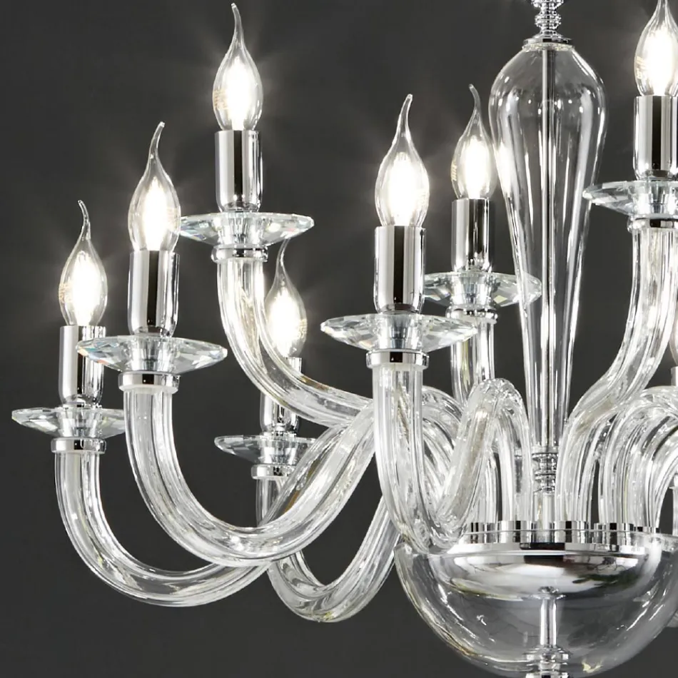 Lampadario 12 Luci Classico in Vetro Trasparente a Mano Italiano - Rapallo Viadurini