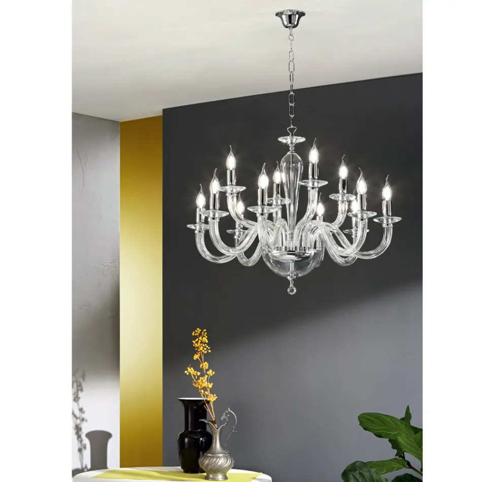 Lampadario 12 Luci Classico in Vetro Trasparente a Mano Italiano - Rapallo Viadurini