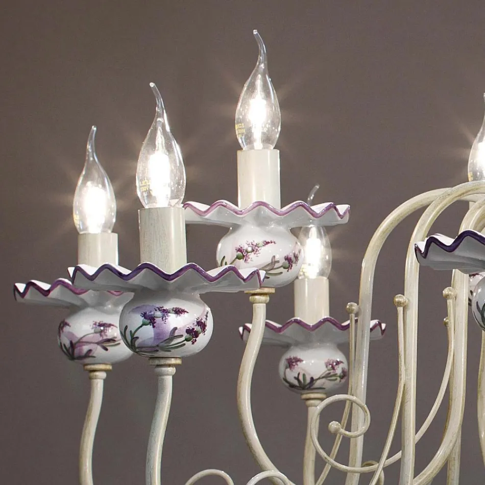 Lampadario 12 Luci in Ceramica Decoro a Mano e Ottone Anticato - Sanremo Viadurini