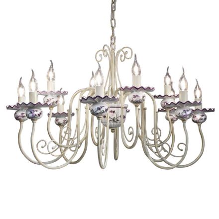 Lampadario 12 Luci in Ceramica Decoro a Mano e Ottone Anticato - Sanremo Viadurini