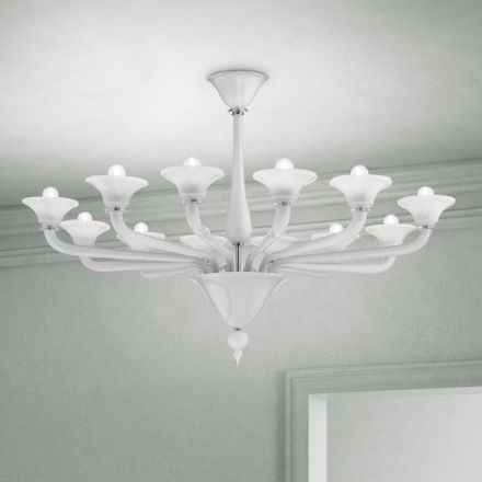 Lampadario 12 Luci in Vetro di Venezia Bianco e Metallo Cromato - Ismail Viadurini
