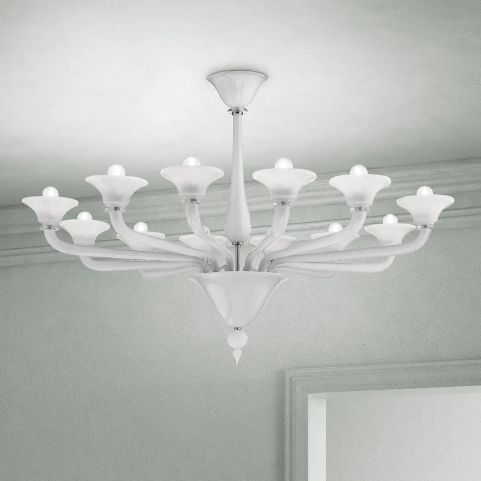 Lampadario 12 Luci in Vetro di Venezia Bianco e Metallo Cromato - Ismail Viadurini